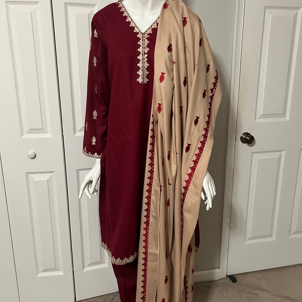 Elegant Maroon and Cream Embroidered dress